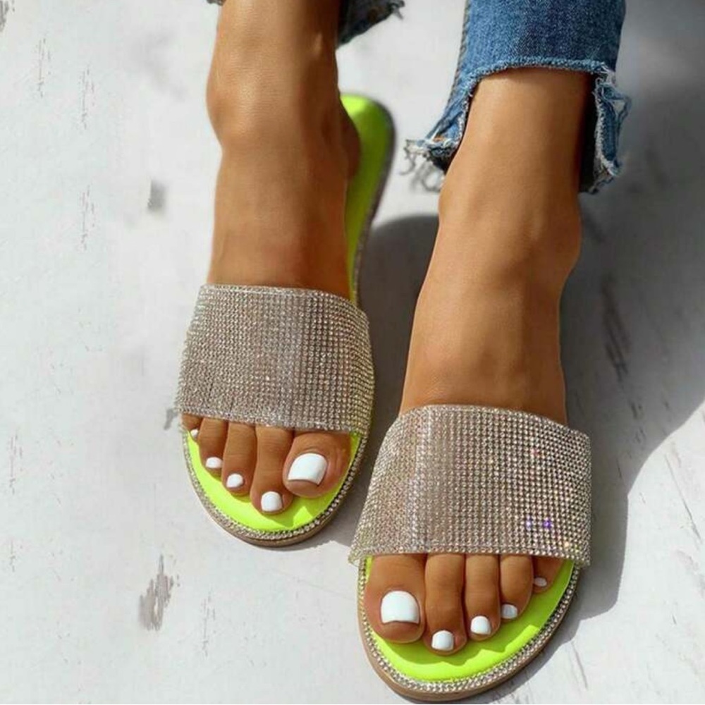 Elegant Yellow and  Silver Rhinestone Slide Sandals